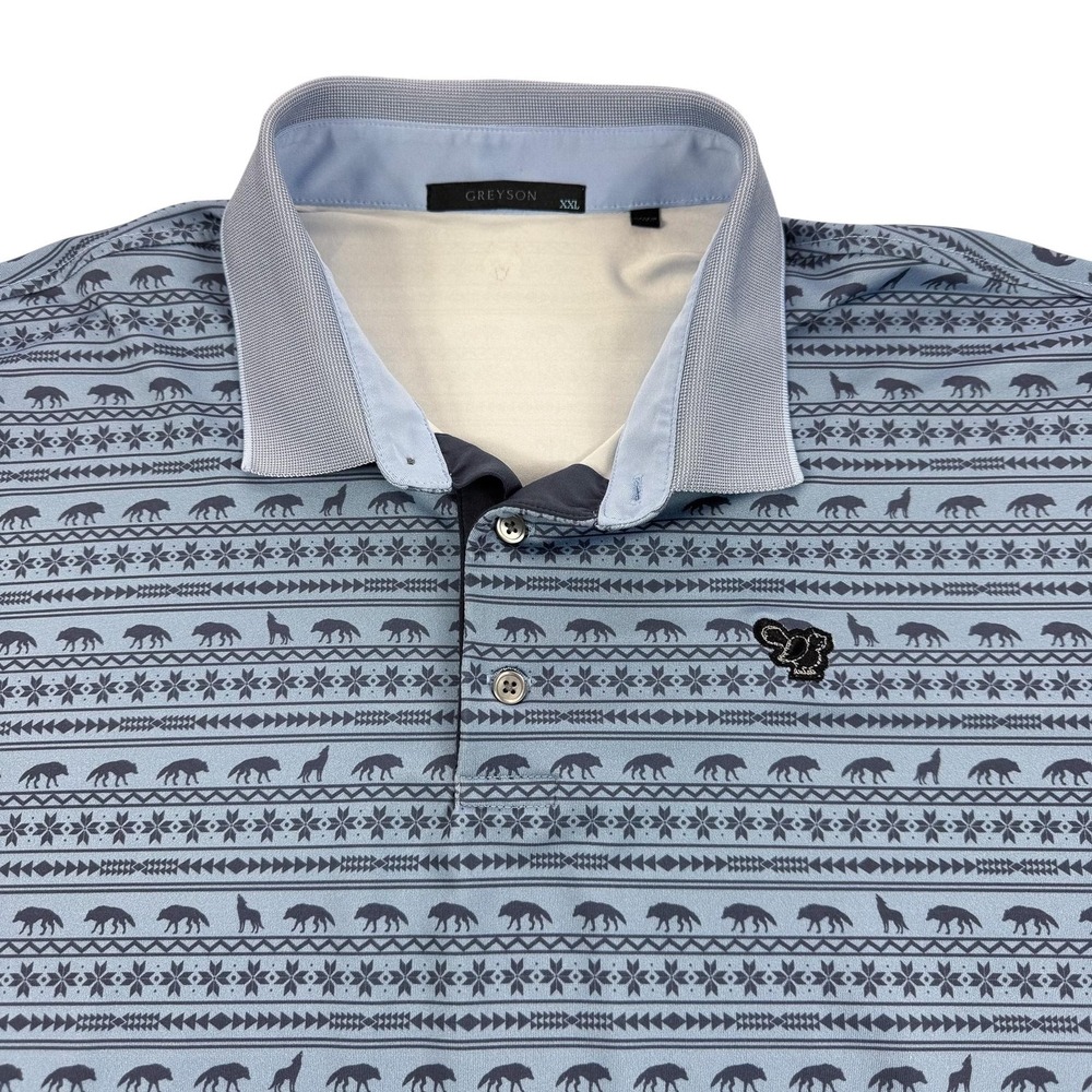 Greyson Polo Shirt Mens 2XL Blue Wolf Print Golf Performance Stretch Top AOP